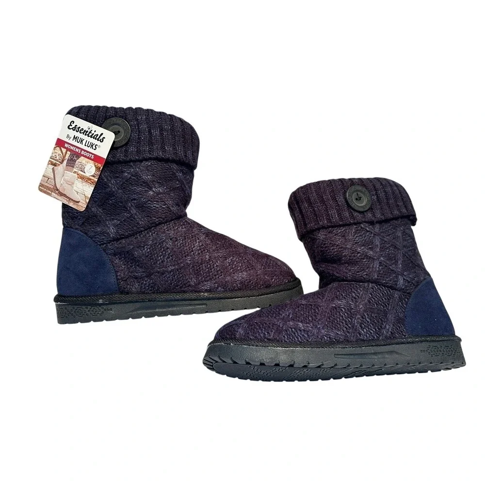 NWT Muk Luks Womens Knit Button Booties Navy‎ Black Cozy Slipper Boots Sz 7